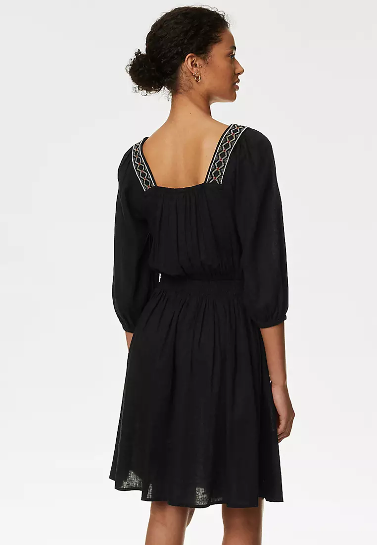 Linen Blend Embroidered Shirred Dress