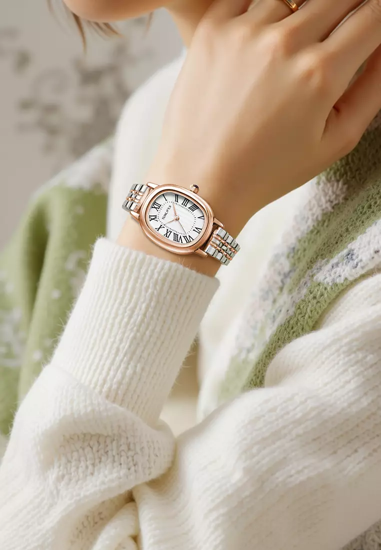 Jam Tangan Wanita Analog Original Korean Tali Rantai Oval Stanless Anti Air Jam Tangan Cewek rosewhite