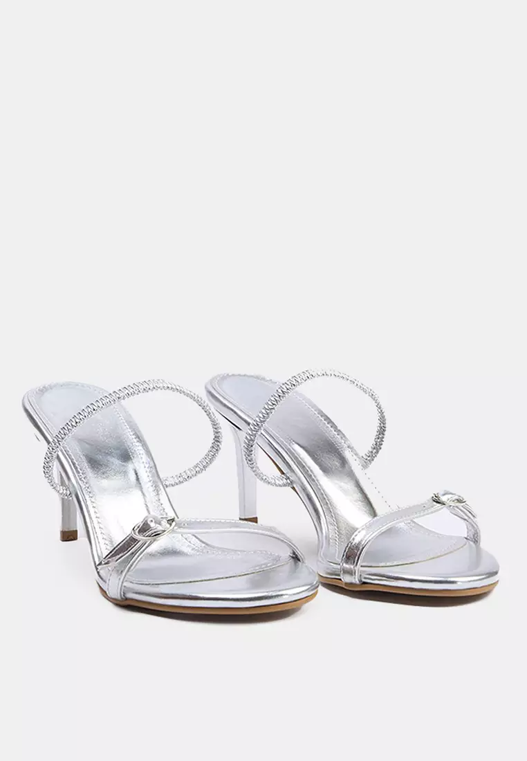 Silver Buckle Detailed Dual-Use Almond Toe Thin Heeled Sandals