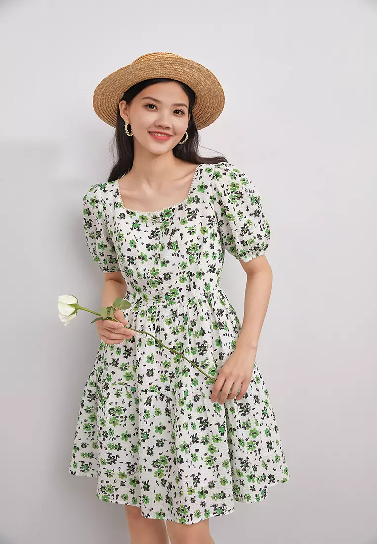 Square Neck Textured Floral Mini Dress