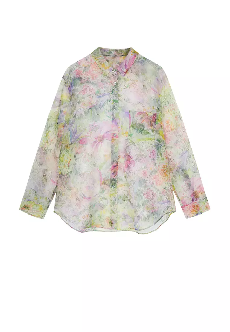 全真絲水彩花卉花型寬鬆長袖襯衣