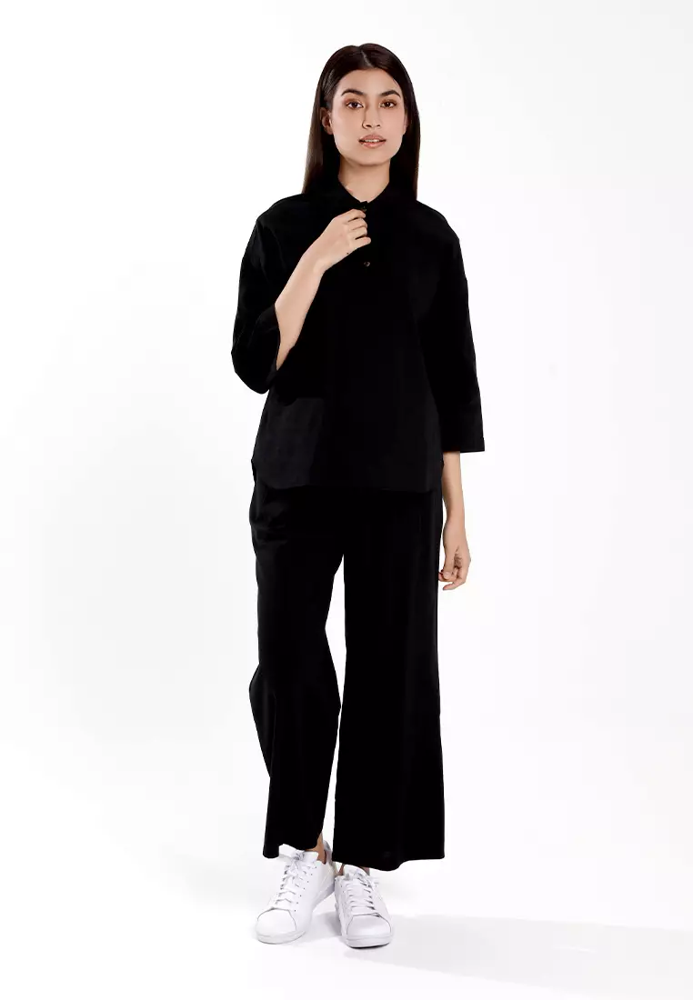 Forest Ladies Cotton Linen 3/4 Sleeve Collar Blouse Women Shirt | Baju Kemeja Perempuan Lengan Panjang - 822474-01Black
