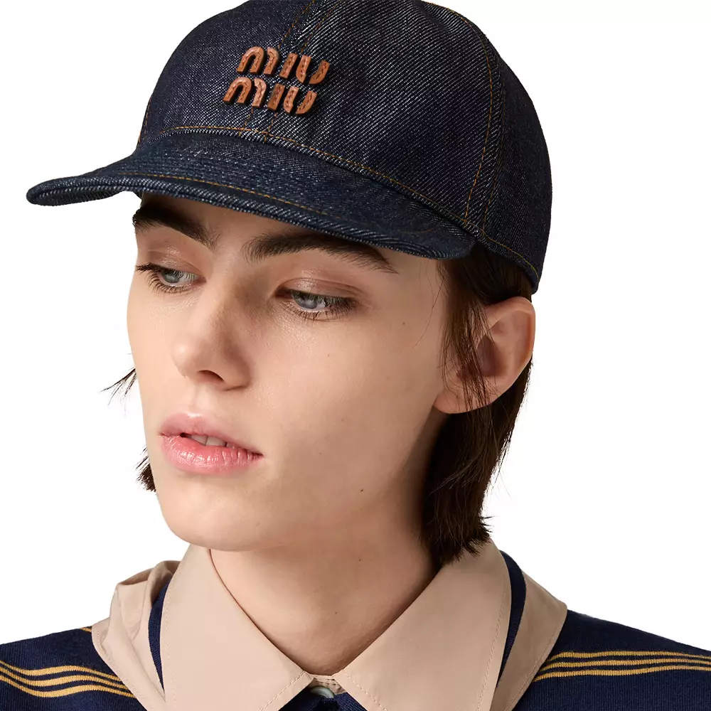 Denim Baseball Cap with Leather Logo Blue/Brandy