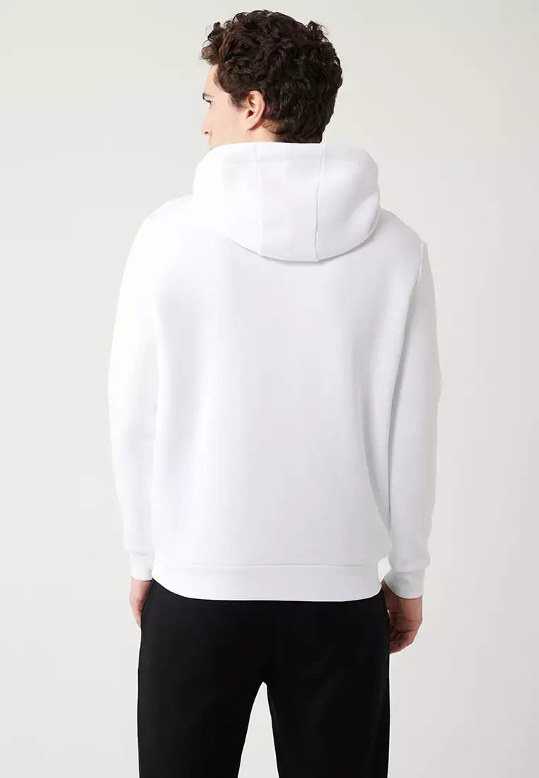 Men's White Hooded 3 Thread Raised Printed Sweatshirt A32Y1240