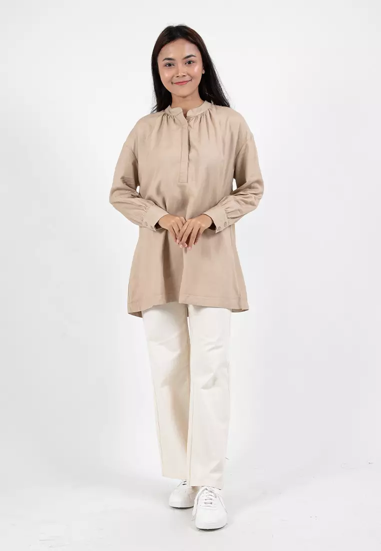 Forest Ladies Linen Oversized Band Collar Plain Blouse Women Long Sleeve Tunic | Baju Perempuan - 822391-13Khaki