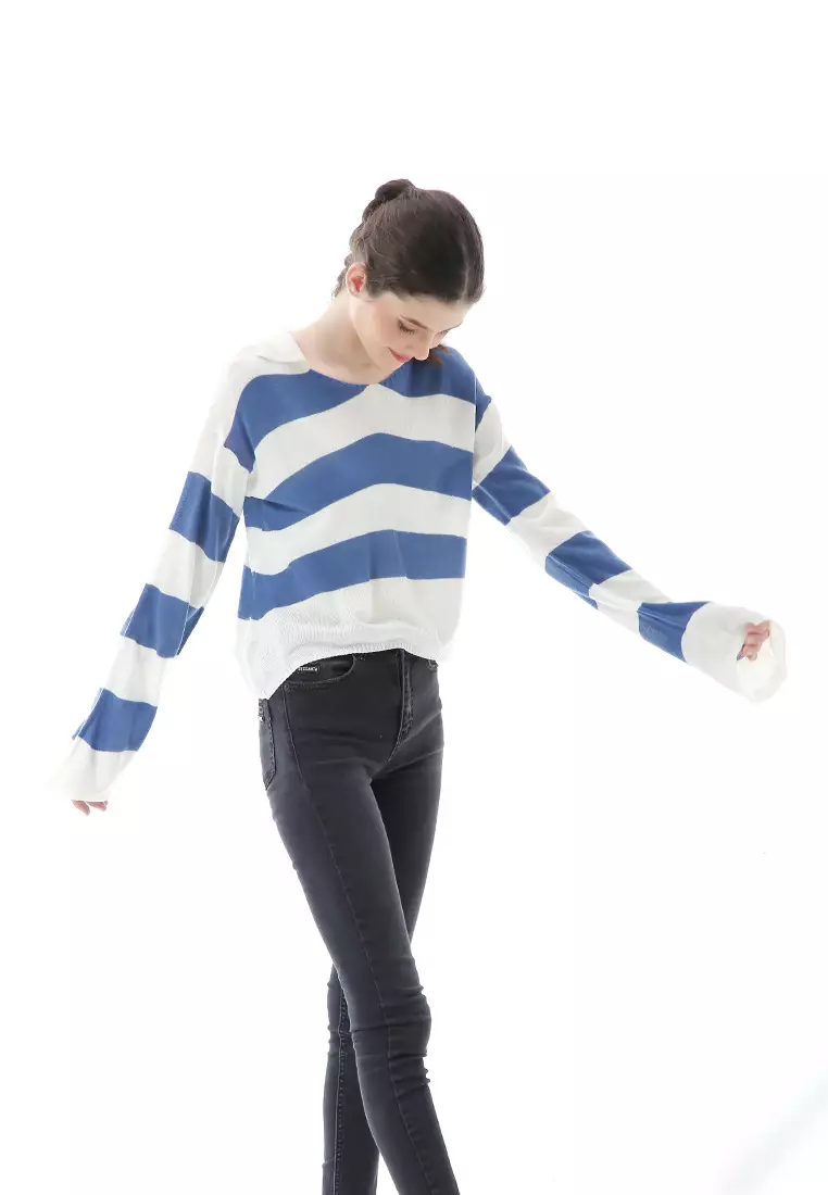 Vilia Rajut Crop Atasan Wanita Oversize Motif Stripe Garis Relaxed Fit - Denim