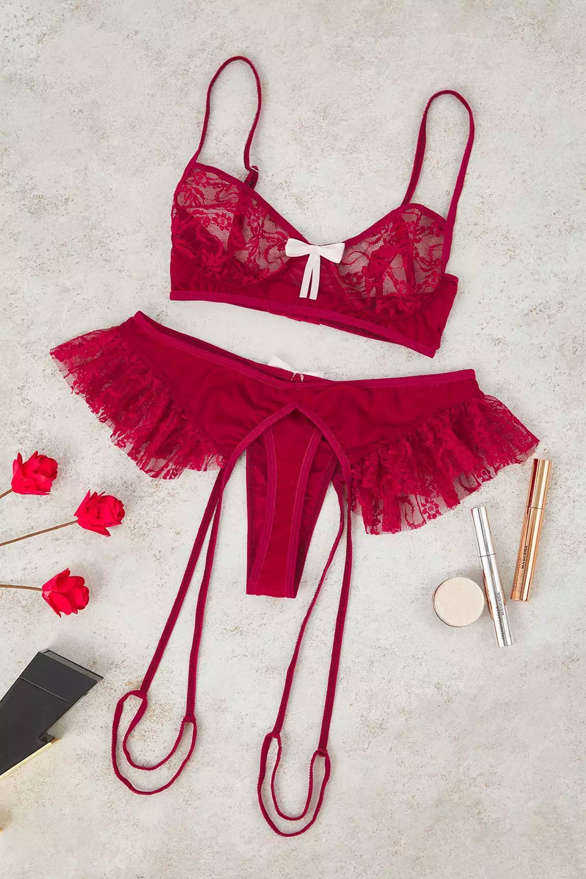 Burgundy Ribbon Detailed Leg Banded Ruffle Coverless Lace Fantasy Lingerie Set