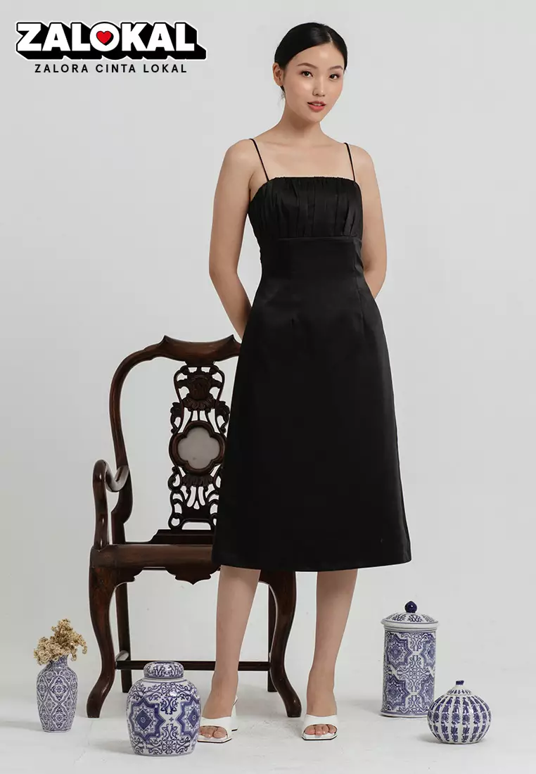 Ming Sateen Slip Dress in Black