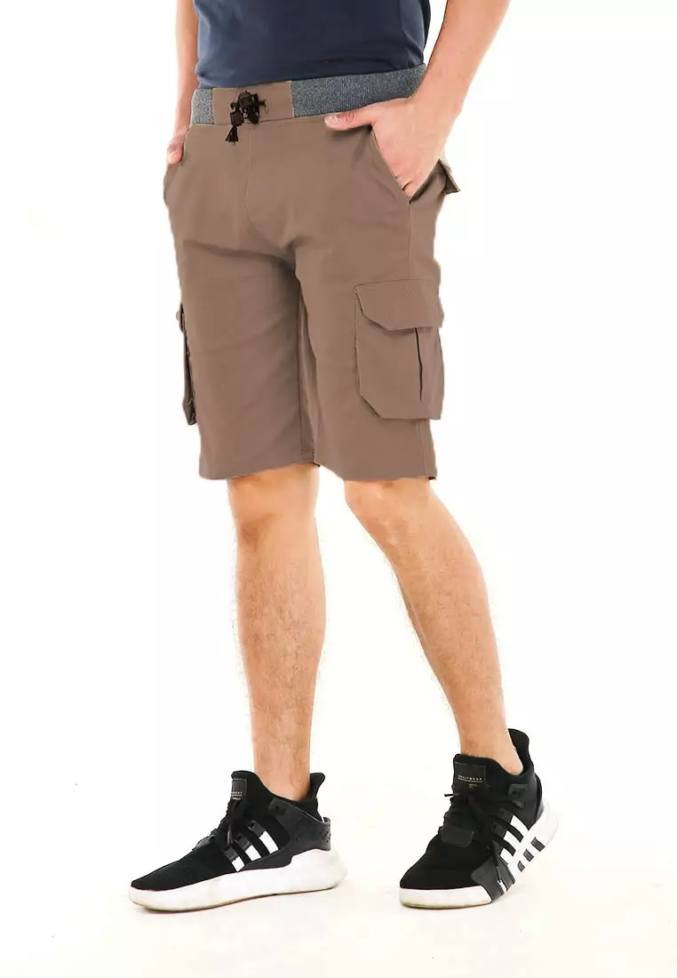 Rishham Celana Pendek Cargo Pria Button Pockets Sporty Short Pants Material Cotton ORIGINAL - Mocca
