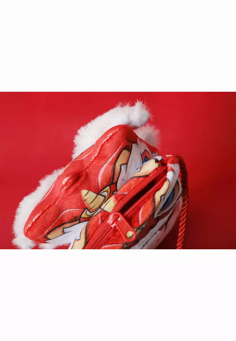 兒童新年舞狮头招财猫絨面紅包袋斜跨包