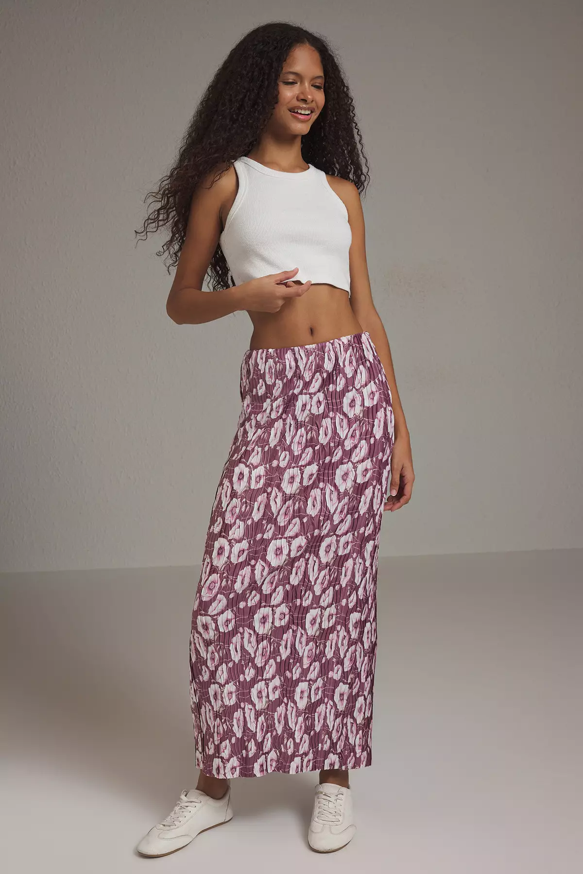 Dusty Rose Floral Print Waist Pleated Maxi Knitted Skirt