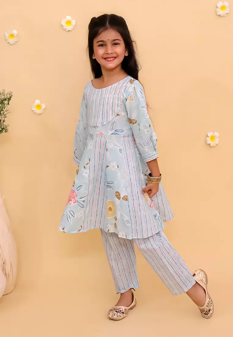 The Mom Store Megh Malhaar 女童花卉印花阿纳卡利库尔塔套装 - 多色