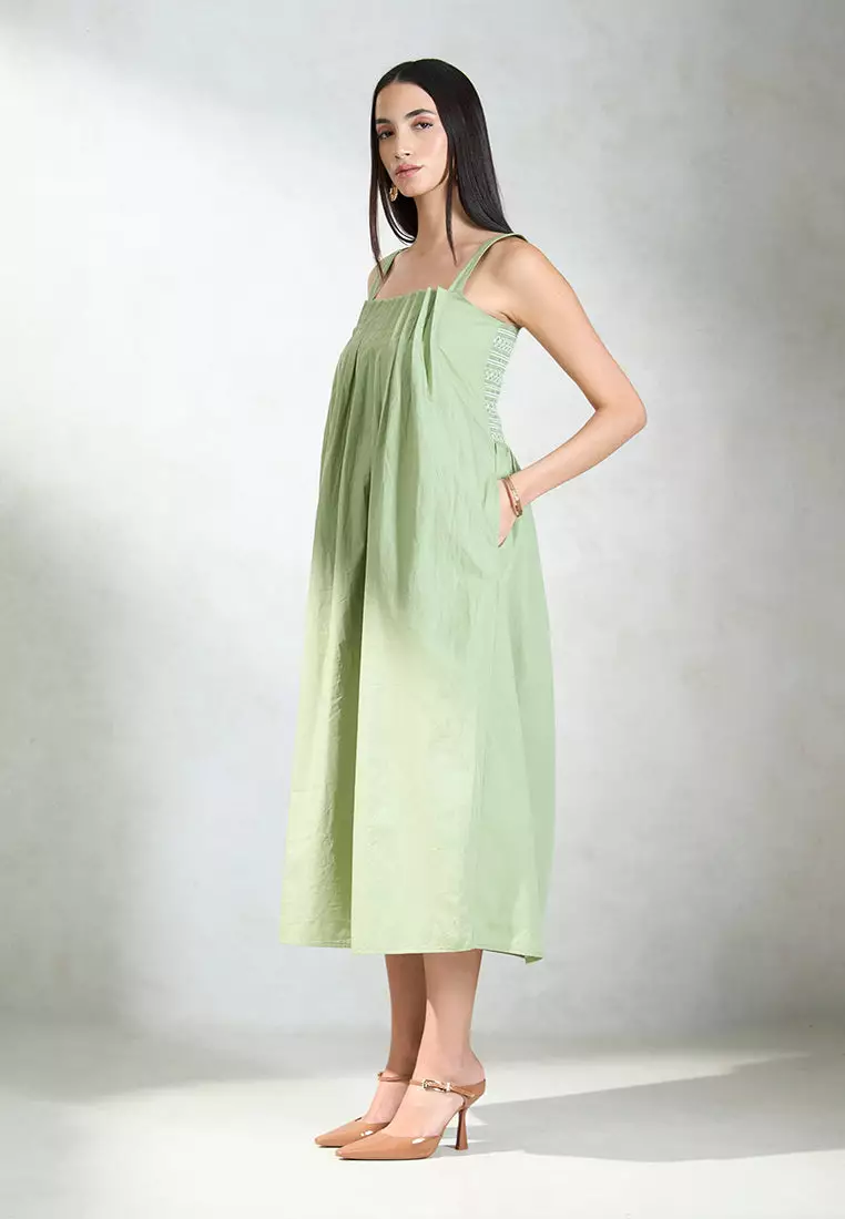 VIRGIO 100% Cotton Front Pleated Smocked Midi Dress