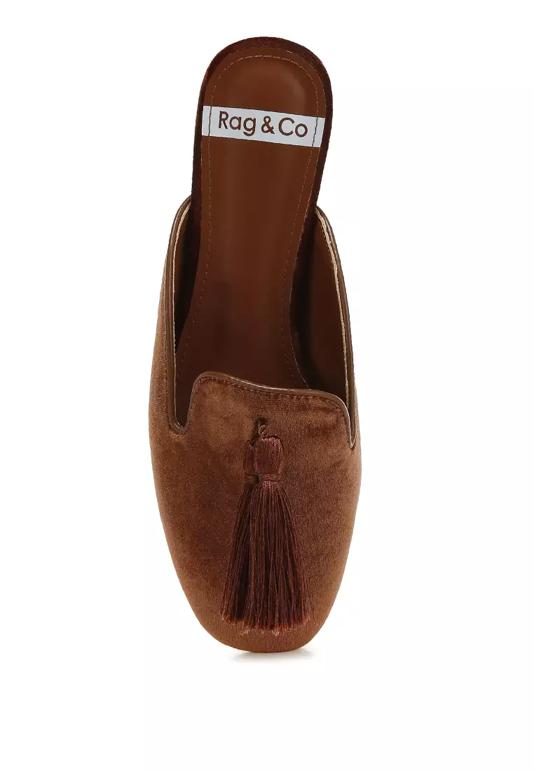 Tassel Detail Velvet Mules in Brown