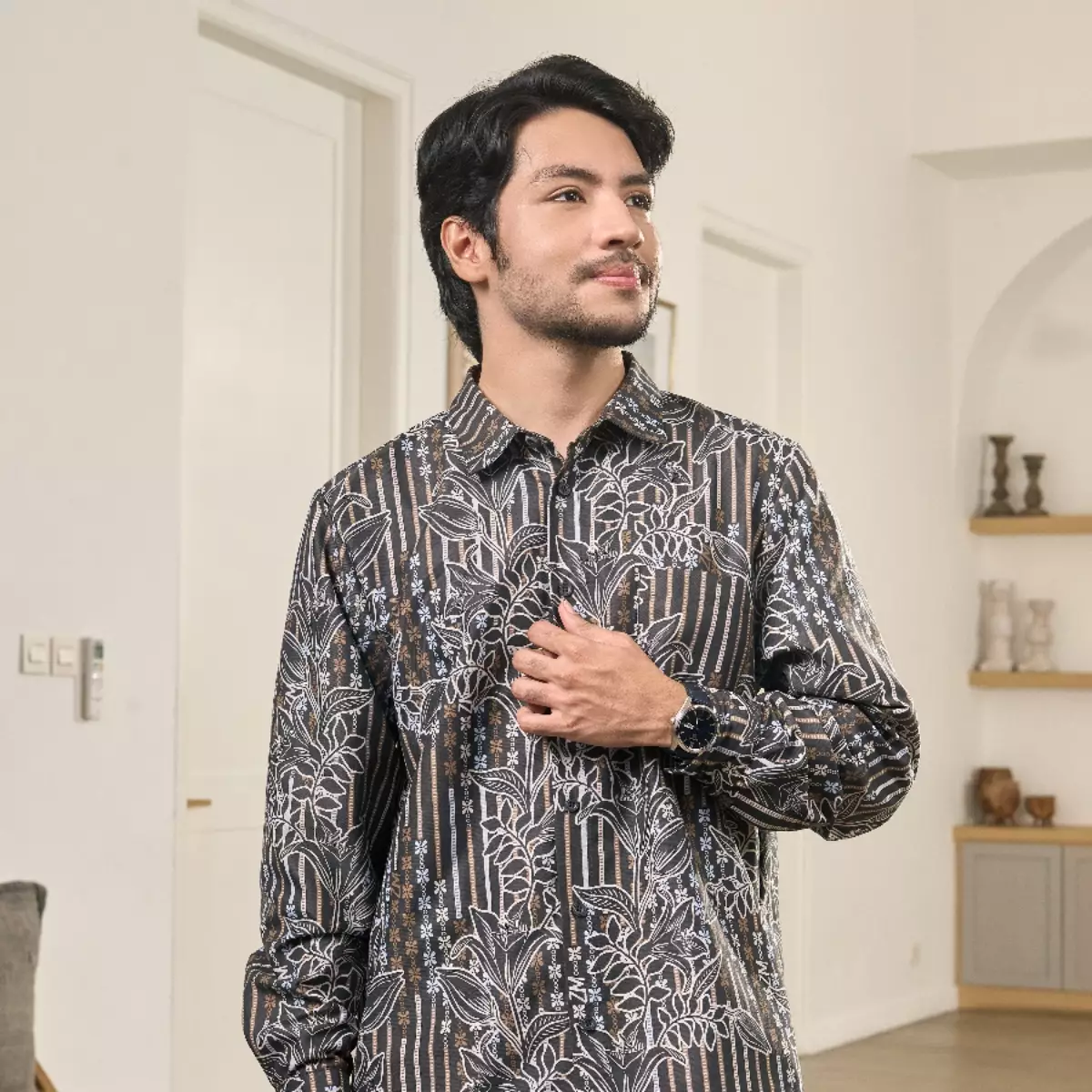 ZM Zaskia Mecca - Ralton Grey Black | Kemeja Koko Pria Panjang | Primadona Series Lilya Raya