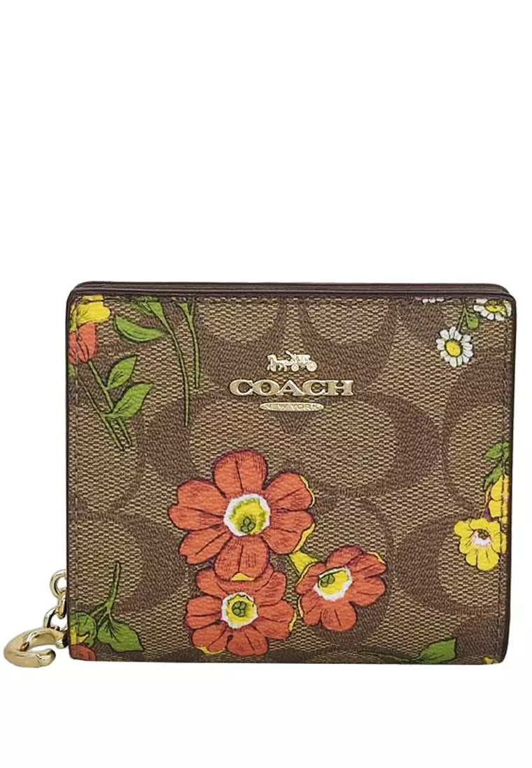 Snap Wallet In Signature Canvas With Floral Print Brown