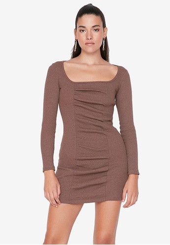 Trendyol brown Gathered Knitted Dress 05BE6AA2E0BC13GS_1