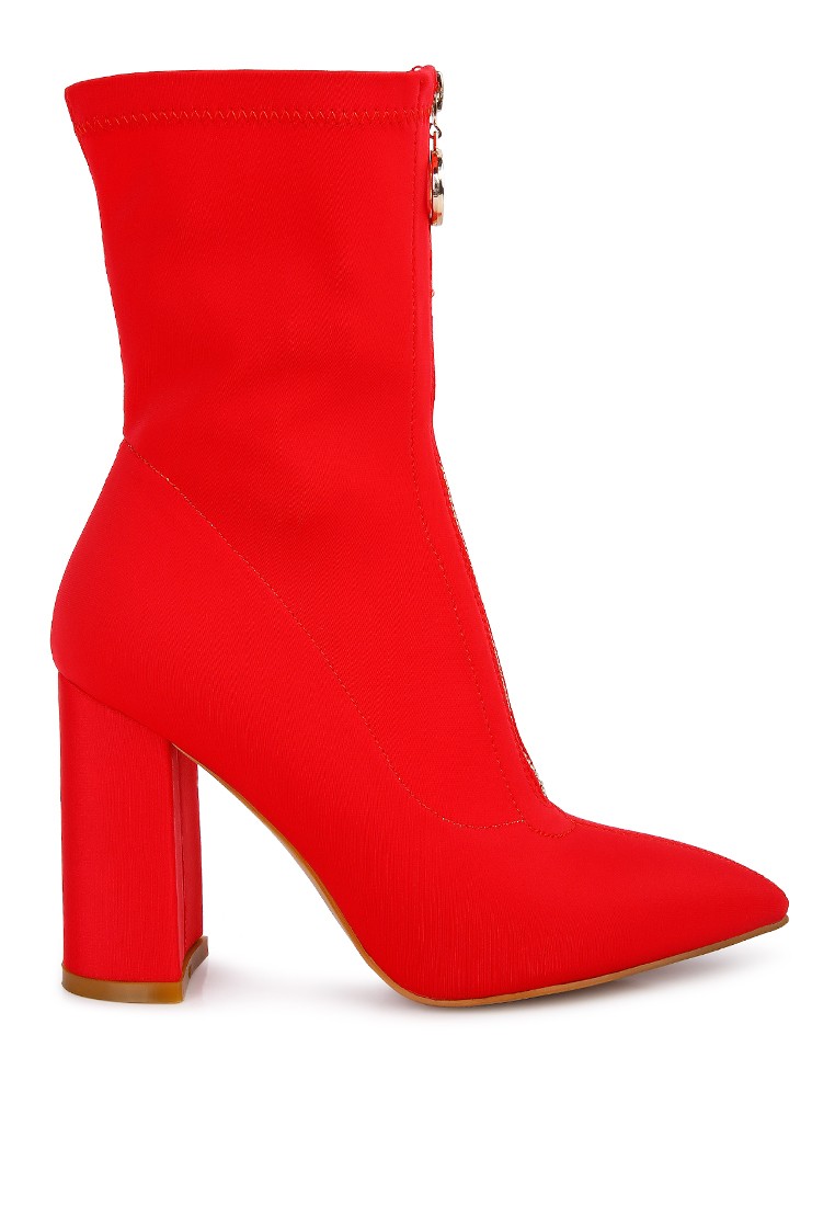 Red Block Heeled Microfiber Ankle Boot