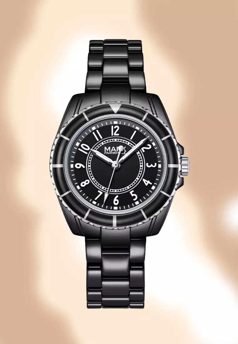 女士黑色陶瓷石英手錶，36mm，黑色錶盤，陶瓷手鐲