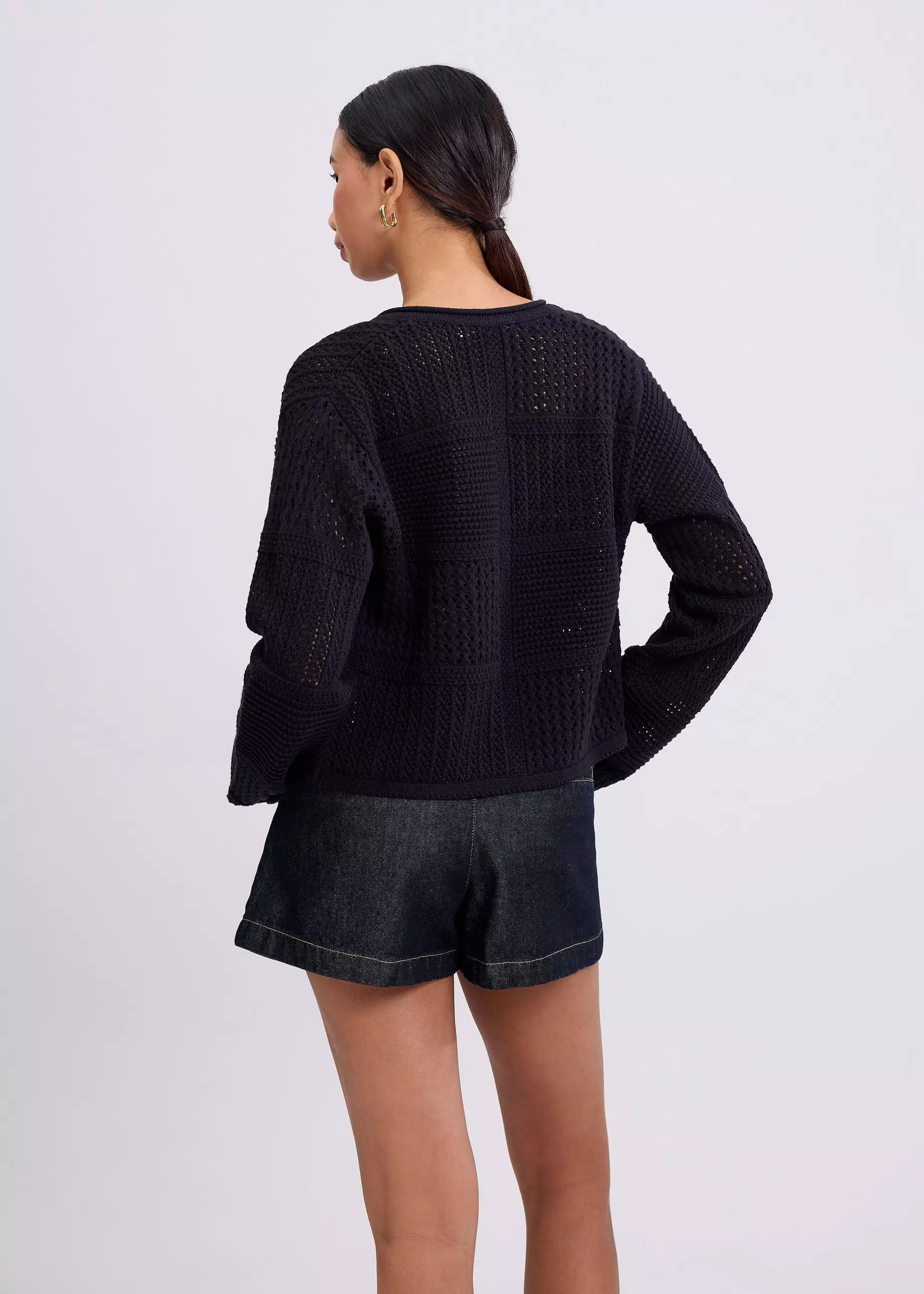 Cardigan Wanita - Relaxed Pointelle Knit Round Neck Cardigan