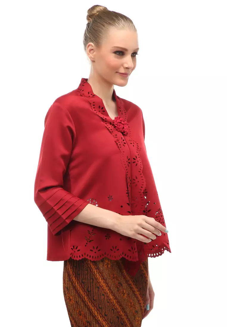 Frodine Kebaya Laser Cut Aksen Bunga Atasan Wanita Casual Premium Quality - Merah
