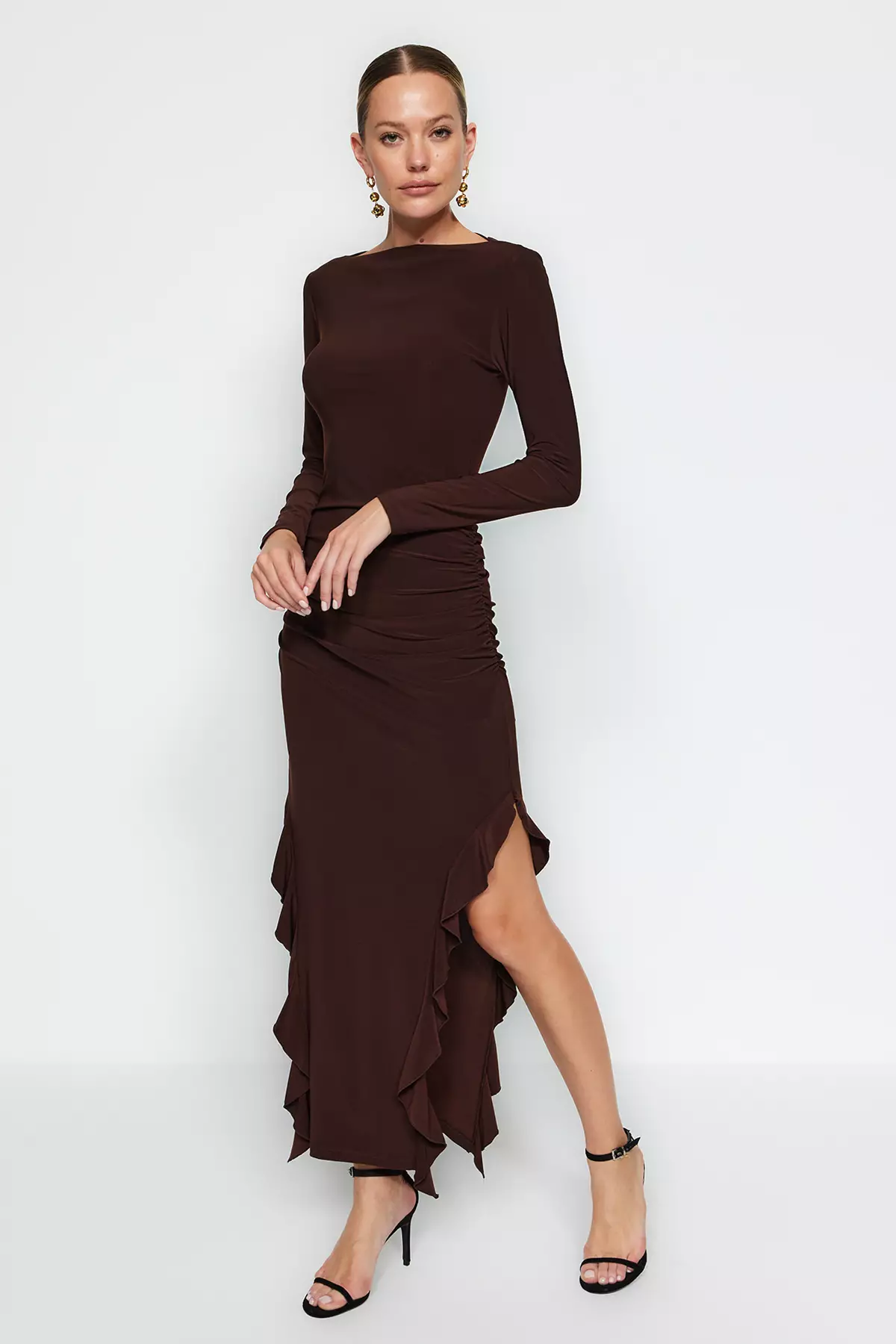 Boat Neck Ruffle Ruched Midi Dress