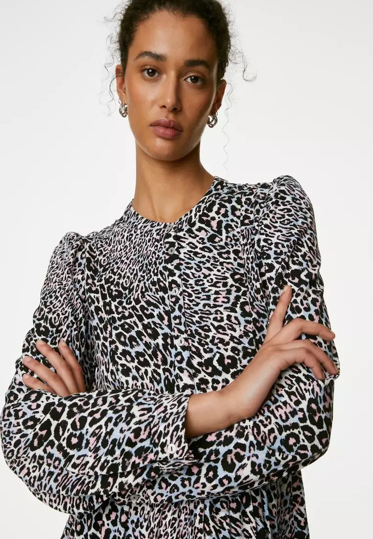 Buy MARKS SPENCER Animal Print Knee Length Tiered Shirt Dress