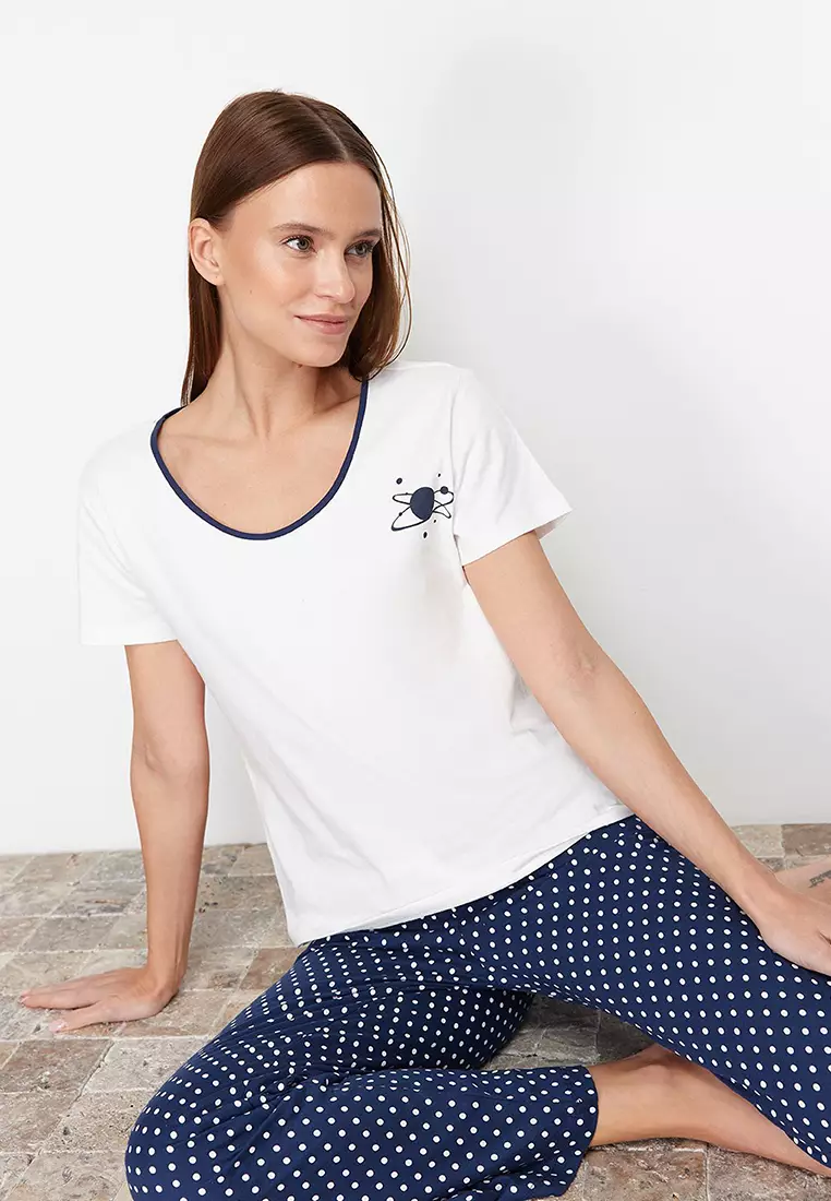 White-Multi Color Cotton Polka Dot Knitted Pajamas Set THMSS24PT00323