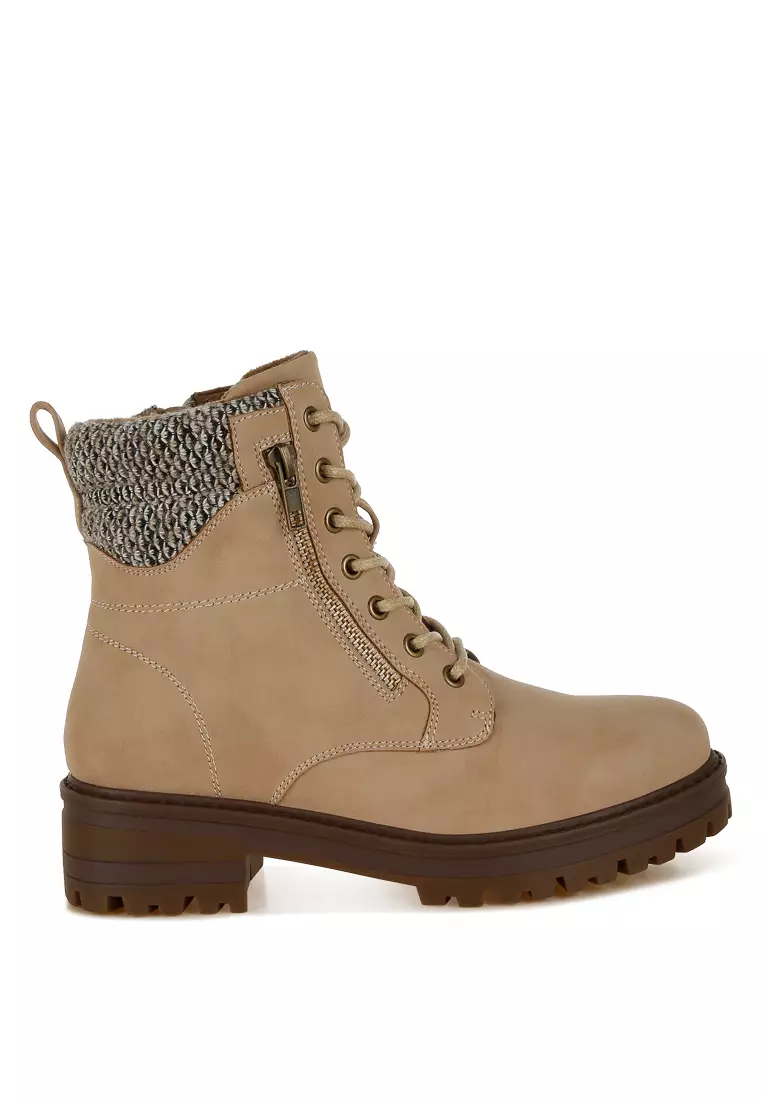 Discount on London Rag  shoes - SKU: Knitted Collar Zip-Up Hiker Boots in Beige