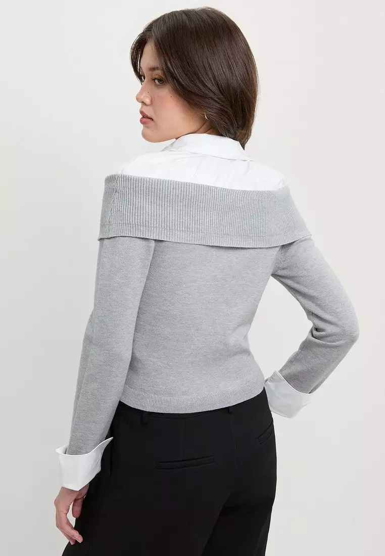Off-the-Shoulder Layered Knit Sweater with Collared Shirt Insert Detail - Light Grey