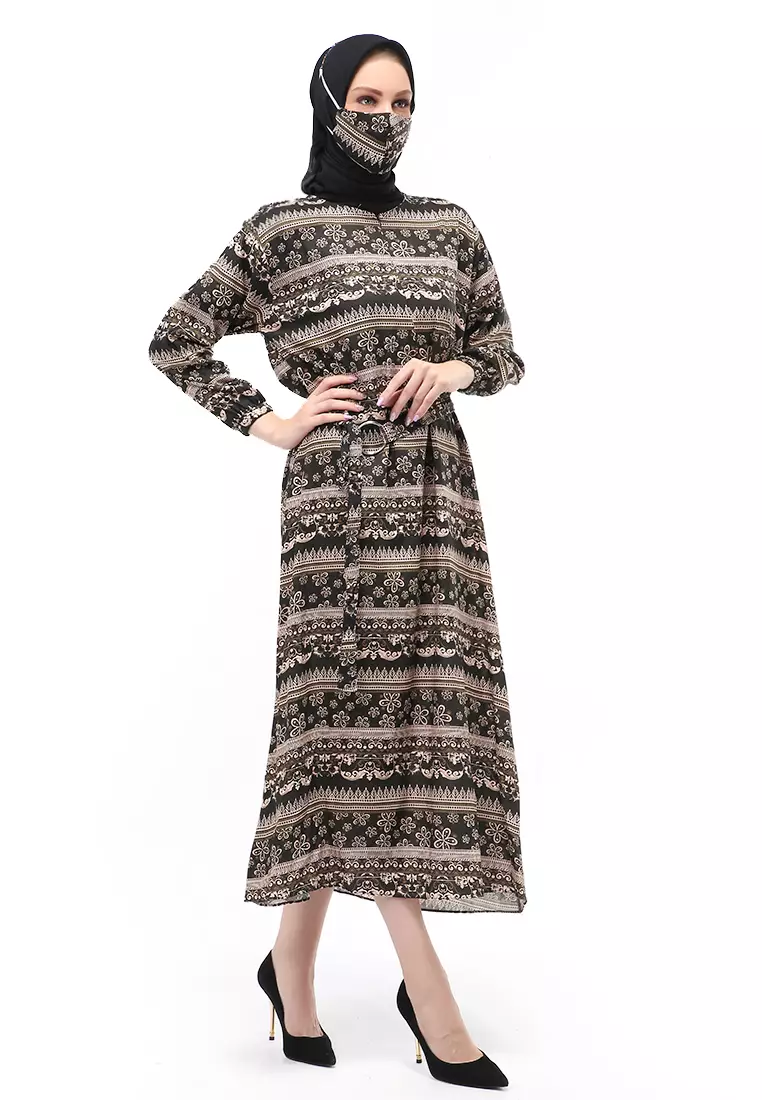 Dahlia Gamis Dress Motif Batik Wanita Muslimah Relaxed Fit - Black