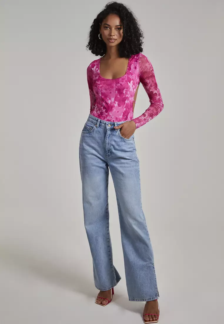 Pink Vanilla Hot Pink Graphic Floral Long Sleeve Bodysuit