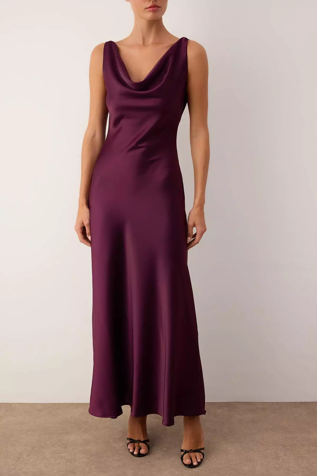 Purple A-Line Degaje Collar Satin Maxi Stylish Dress Tprss25El318