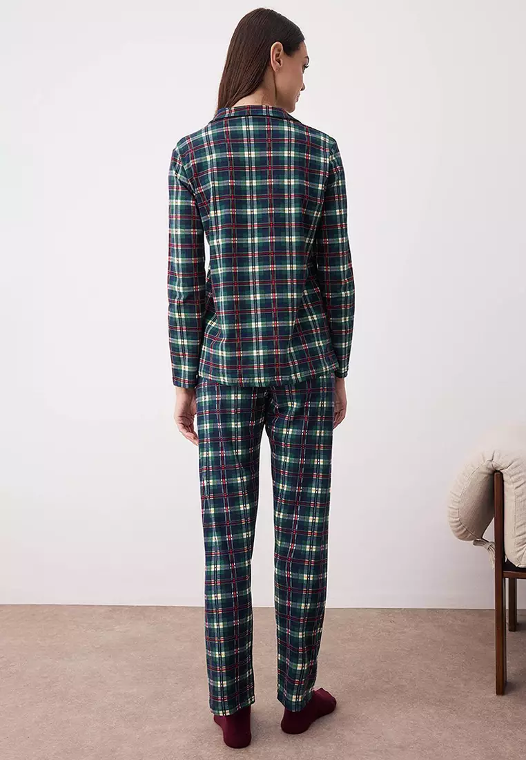 Green-Multicolored Cotton Lycra Soft Touch Plaid Knitted Pajama Set Thmaw26Pt00073