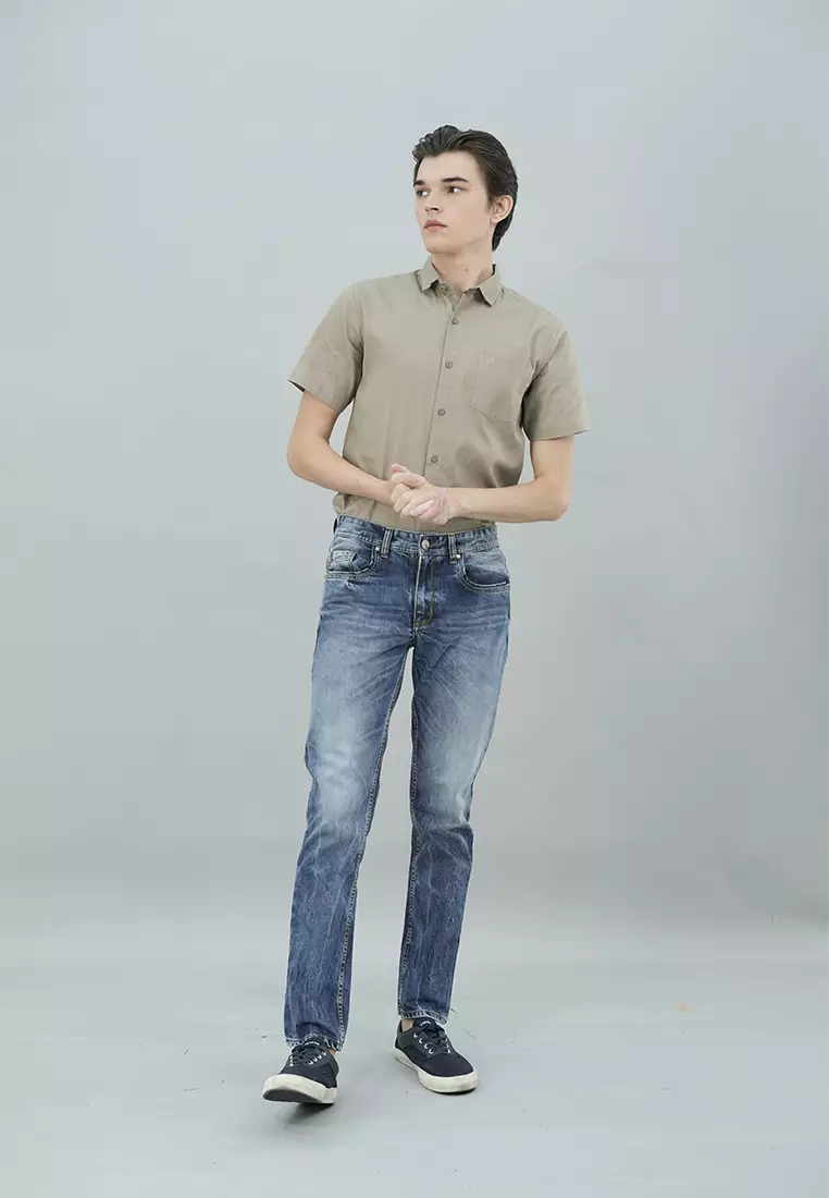 LGS - Celana Panjang Jeans Pria -  Premium Denim Whiskers - Warna Biru - Motif Washed - Perfect Slim Straight - JPF.492.P103.A661.C