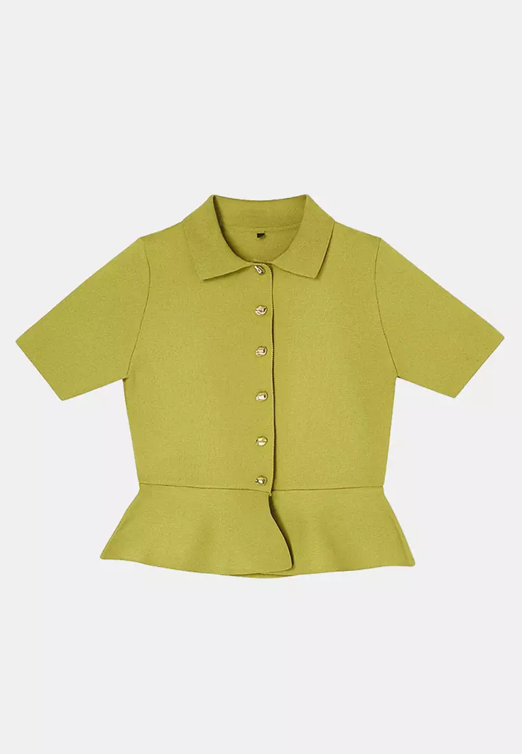 Oil Green Peplum/Waist Fitted Button Detailed Knitwear Blouse Twoss26Bz158