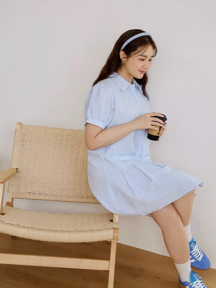 Vertical Striped Puff Sleeve Pleated Shirt Dress [DA10094]