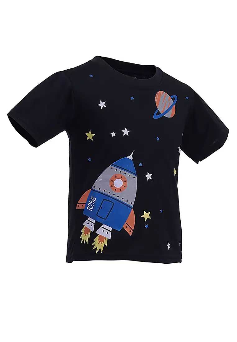 Timothy Kaos Kasual Anak Laki-laki Motif Rocket Kids T-shirt Lengan Pendek Material Cotton ORIGINAL - Black