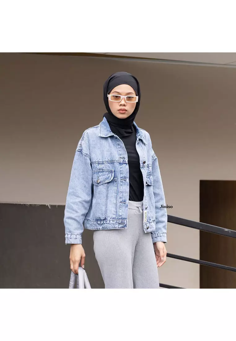 Jaket Crop Jeans Oversize Vintage Pocket Blue Acid