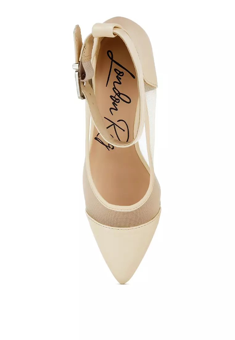 Beige Pointy Toe Ankle Strap Pumps
