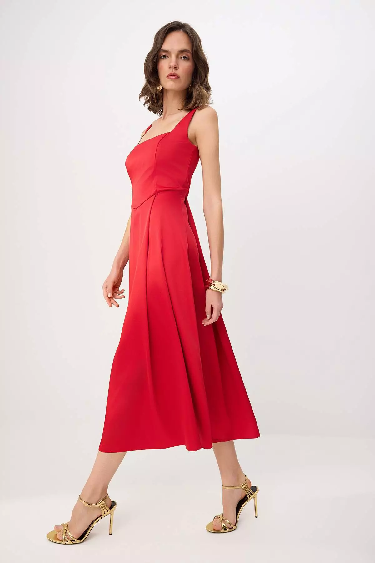 Red Straight Skirt With Open Waistline, Woven Satin Midi, Unlined, Stylish/Evening Dress