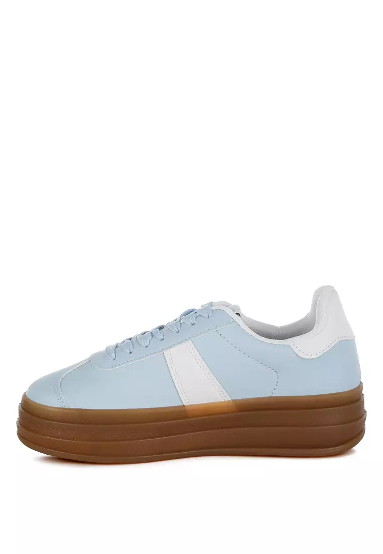 Faux Leather Lace-Up Sneakers in Light Blue