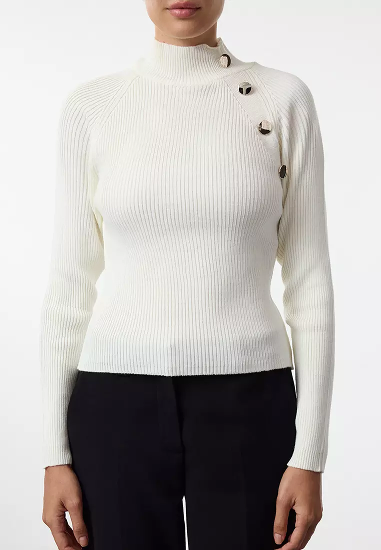 Ecru Button Detailed Thin Knit Sweater TWOAW25KZ00069