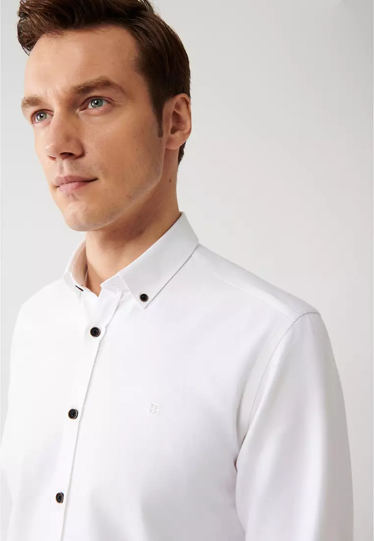 Men's White 100% Cotton Buttoned Collar Shirt A32Y2120