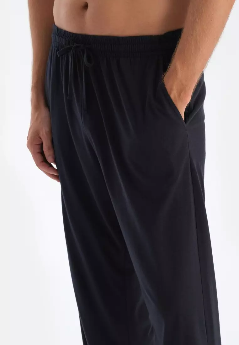 Black T-Shirt & Trousers Set, Crew Neck, Regular Fit, Long Sleeve Sleepwear for Men