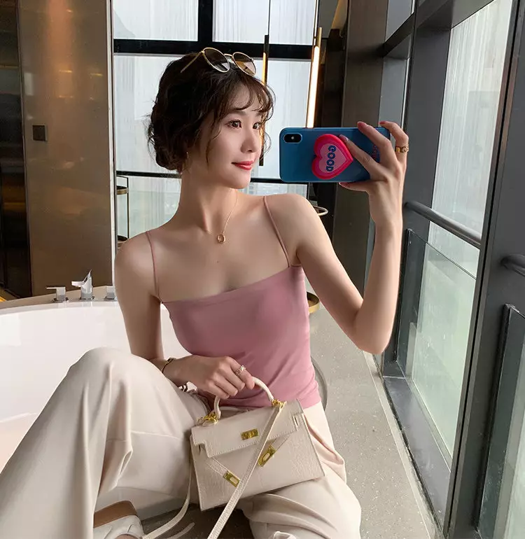 Wakakids Tanktop Bra With Cup Wanita Basic Square Tali Spaghetti Polos Tanpa Kawat 4503 Venrc Pink