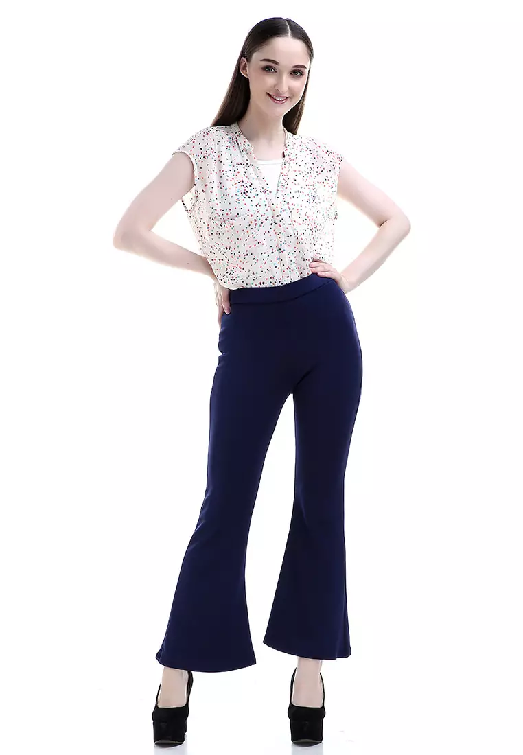 Zahlee Celana Cutbray Wanita Long Pants Woman Highwaist Kasual Bawahan - Navy