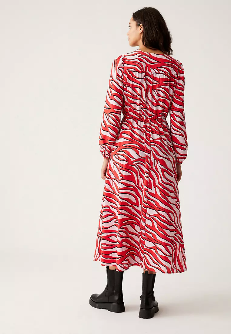 Zebra Print Tie Neck Midaxi Waisted Dress
