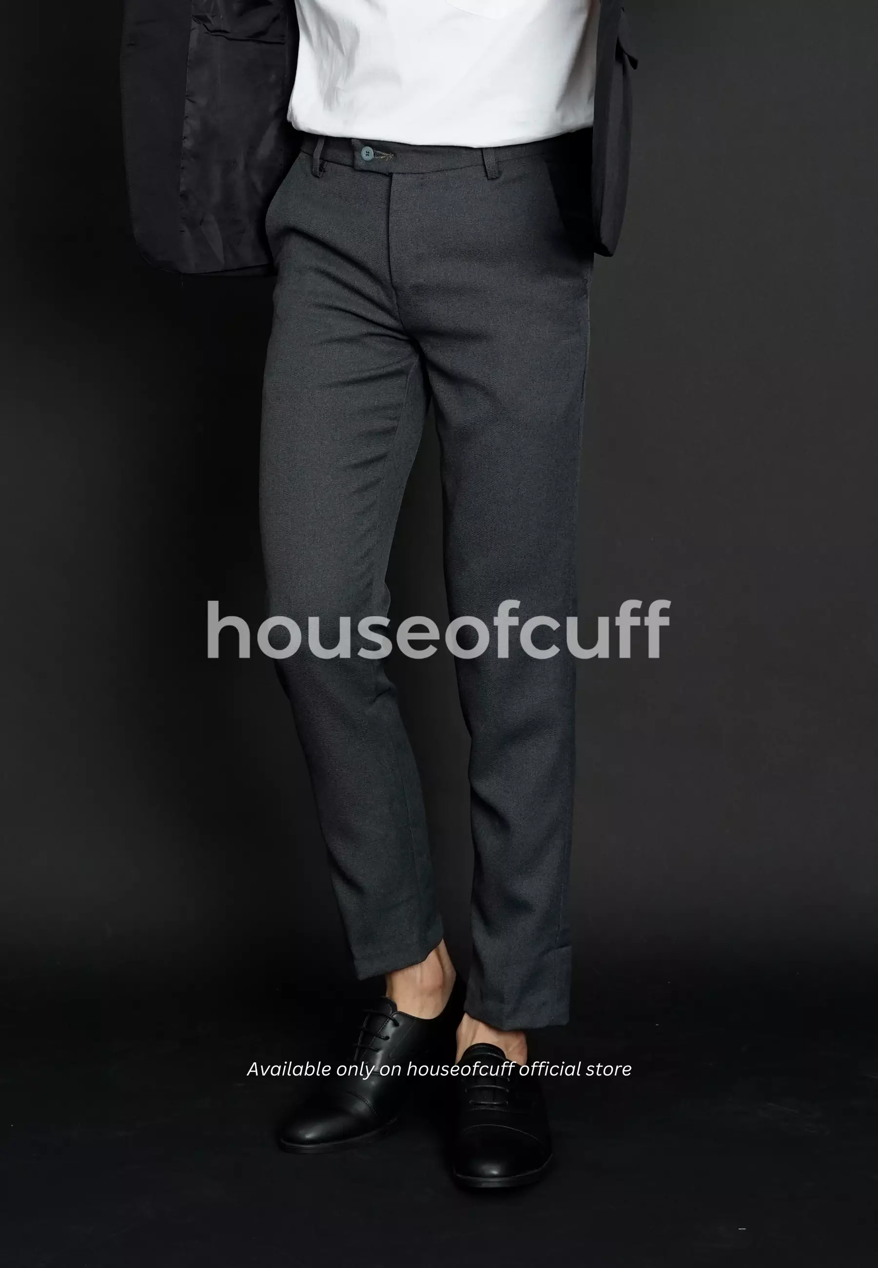 Celana panjang pria slim fit kerja formal button celana bahan stretch abu tua