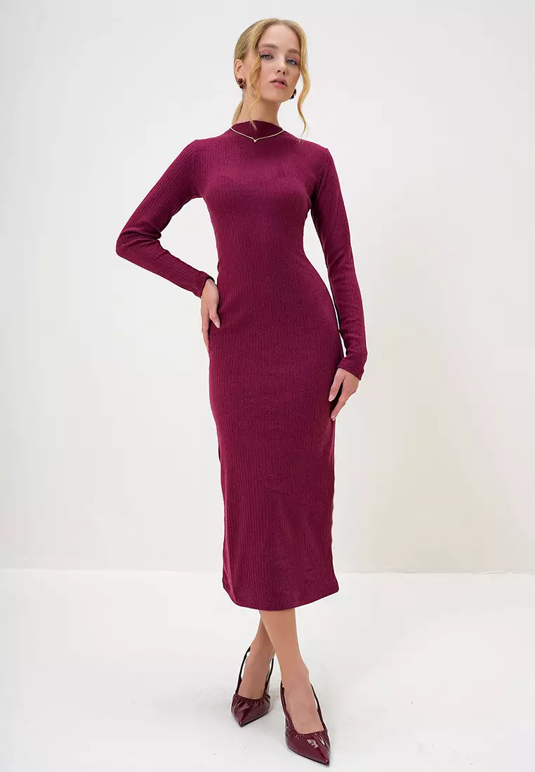 Crew Neck Long Sleeve Interlock Fabric Midi Length Dress